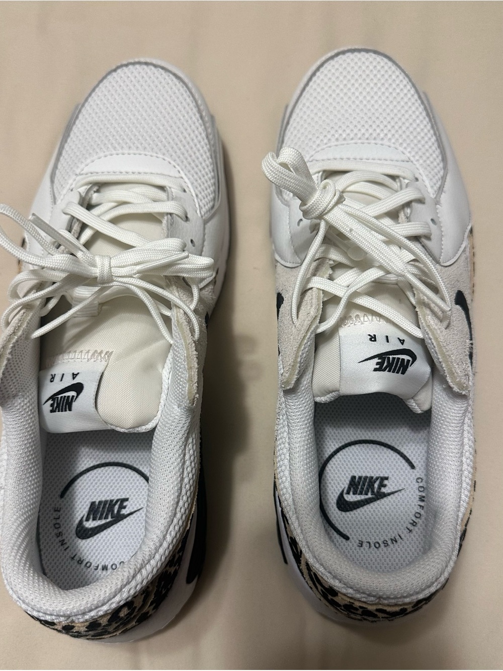 Nike Women’s White Sneakers with Black Swoosh and Leopard Heel